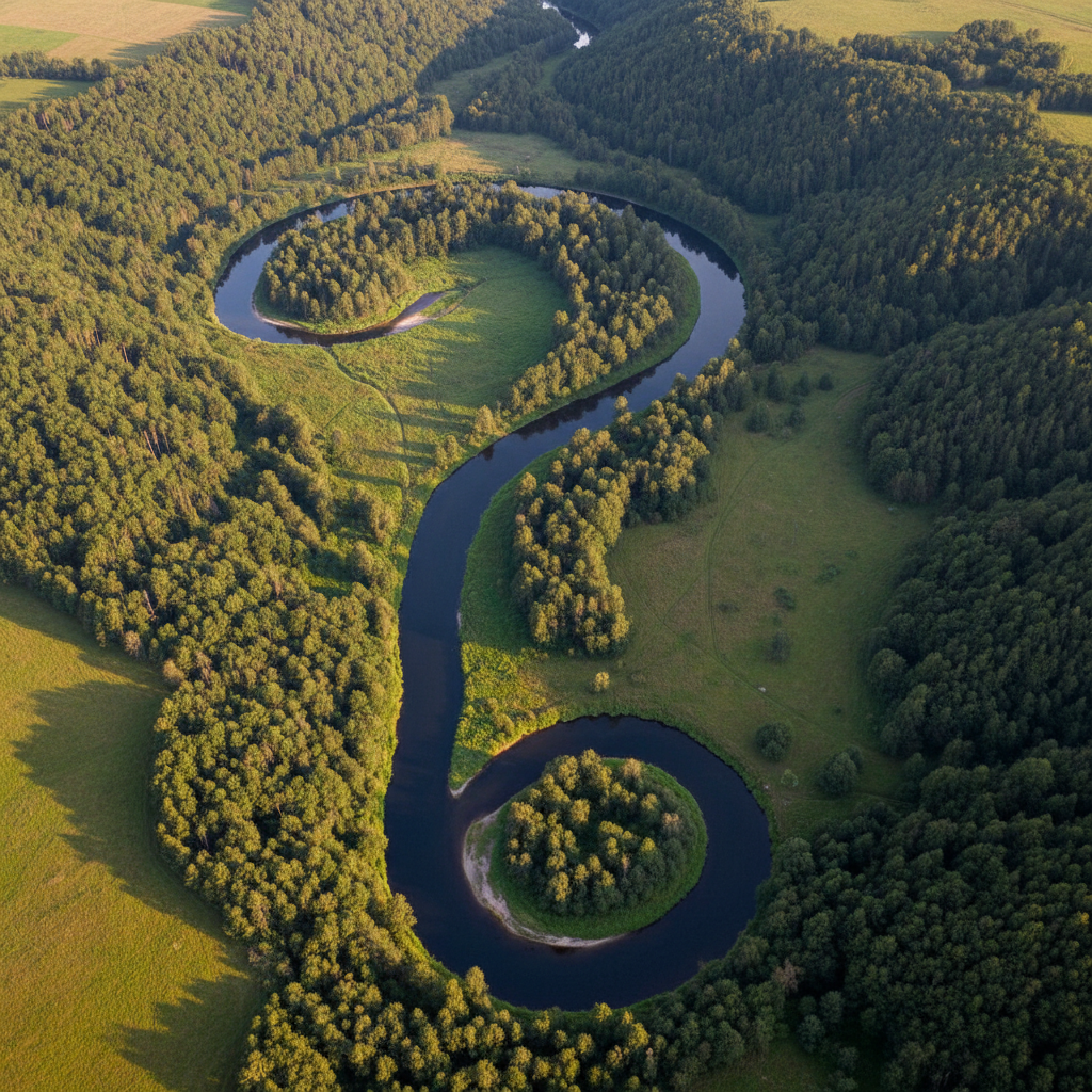 A photographic, low-orbit view of a winding river that forms a perfect question mark shape within a lush green valley, as if Earth itself is asking a riddle. The camera is angled slightly, mimicking the Google Earth tilt, revealing gentle hills and patchy forests on either side of the water. Late afternoon sunlight washes the scene in warm tones, creating soft shadows that emphasize the question mark curve. The sky is not visible; the focus remains on the terrain’s peculiar shape. The composition follows the rule of thirds, with the river’s dot near the lower right. The mood is playful and intriguing, inviting the viewer to investigate nature’s accidental punctuation.