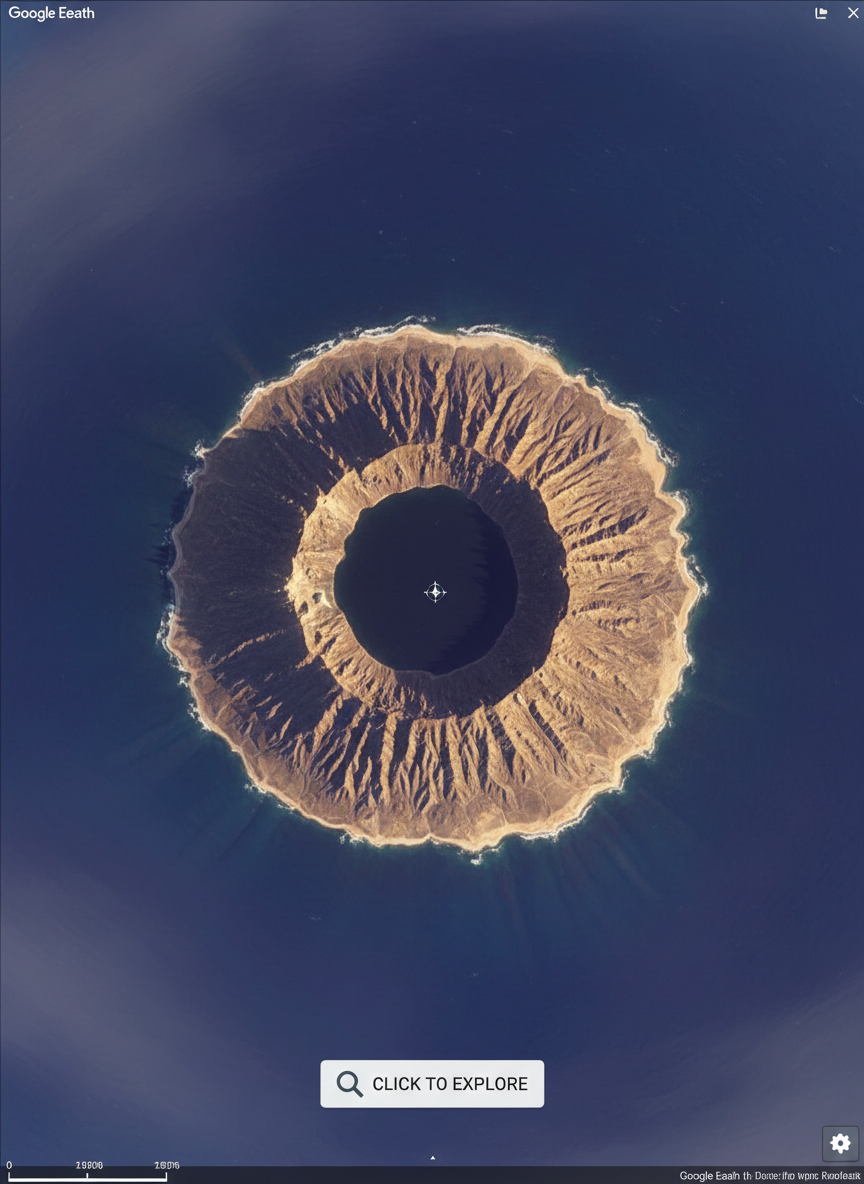 A surreal, photographic overhead view of a lonely, perfectly circular island in the middle of a vast, deep-blue ocean, as seen through a Google Earth zoom. The island’s shoreline is irregular yet symmetrical, lined with pale sand, while its interior contains a mysterious dark crater lake with almost black water. Gentle sunlight from late afternoon creates soft gradients in the sea and elongated shadows on the island’s ridges. The composition is centered with crisp edges fading into slightly hazy distance. The mood is playful and enigmatic, as if daring the viewer to click and explore this odd geographic glitch in the atlas of Earth.