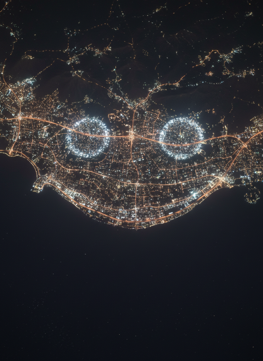 A hyper-realistic, photographic night-time satellite view of a coastline where city lights form an unmistakable smiley face along the shore—curving roads as the mouth, two bright clusters as eyes. The dark ocean occupies the lower half, textured only by faint moonlit reflections, while the land glows with amber and white illumination. The camera angle is slightly oblique, similar to a tilted Google Earth night view, capturing depth in the coastal hills. Soft atmospheric haze around the lights adds a dreamy glow. The mood is mischievous and whimsical, as if the planet is grinning back at its observers, perfectly aligned with a playful atlas of Earth’s happy accidents.