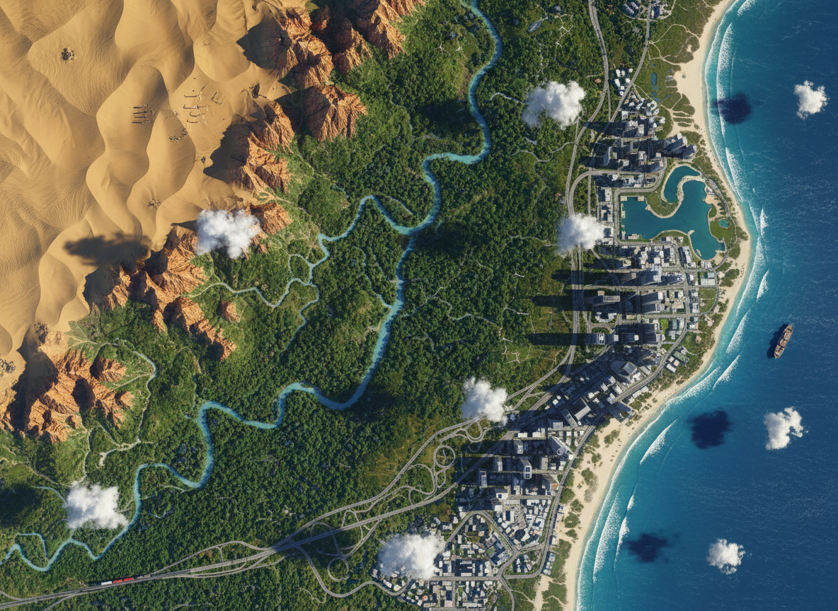 A hyper-detailed, photographic satellite view of a patchwork of Earth landscapes transitioning seamlessly from desert dunes to dense green forests to glittering coastal cities, all within a single wide frame. Rivers snake through the terrain, roads form delicate geometric patterns, and tiny cloud shadows drift overhead. The camera takes a high, orthographic Google Earth-style view, capturing sharp focus across the entire scene. Soft midday sunlight from the top left creates gentle, realistic relief on mountains and subtle highlights on rooftops. The mood is adventurous and playful, like a cartographer’s daydream, with vibrant, true-to-life colors that invite zooming in to discover oddities and hidden details.