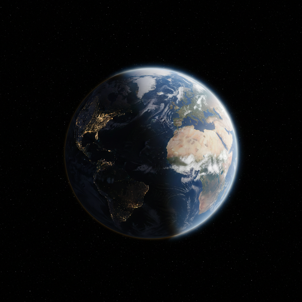 A high-resolution, photographic view of Earth floating in deep black space, the blue oceans and swirling white clouds rendered with crisp detail, continents lit by a soft crescent of sunlight. The planet is centered against a subtle star field, with a faint glow haloing its edges. Lighting mimics golden hour on the limb, casting long shadows across mountain ranges and highlighting coastlines. Shot from a slightly elevated, three-quarter angle to emphasize curvature. The mood is awe-filled yet playful, inviting curiosity. The style is clean, modern photographic realism, like a Google Earth loading screen for intrepid explorers.