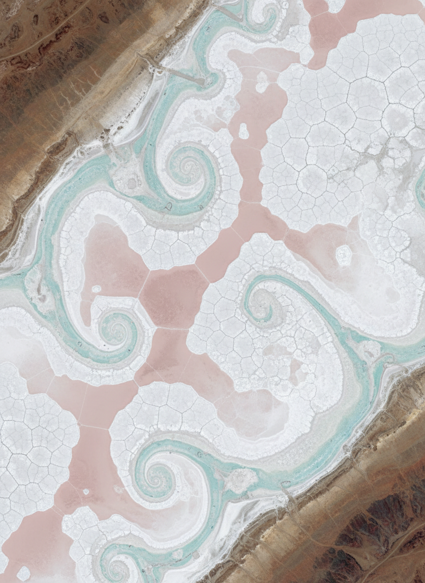 A close-up, photographic satellite-style view of a remote salt flat where vivid geometric patterns and pastel colors emerge: hexagonal white crusts, thin pinkish water pools, and turquoise mineral streaks forming abstract shapes. The camera looks straight down, Google Earth style, capturing intricate details in sharp focus. Overhead midday light creates minimal shadows, emphasizing color and texture rather than depth. The surrounding landscape gently softens into blurred browns and tans at the edges. The mood is curious and slightly otherworldly, like discovering an alien painting on Earth’s surface. The visual style is vibrant, clean, and modern, perfect for a playful site cataloging strange geographic enchantments.