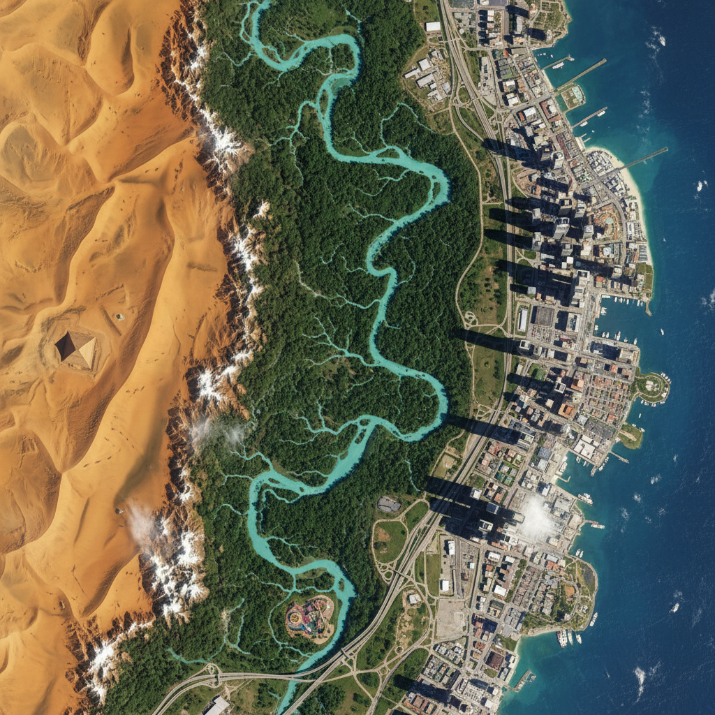 A hyper-detailed, photographic satellite view of a patchwork of Earth landscapes transitioning seamlessly from desert dunes to dense green forests to glittering coastal cities, all within a single wide frame. Rivers snake through the terrain, roads form delicate geometric patterns, and tiny cloud shadows drift overhead. The camera takes a high, orthographic Google Earth-style view, capturing sharp focus across the entire scene. Soft midday sunlight from the top left creates gentle, realistic relief on mountains and subtle highlights on rooftops. The mood is adventurous and playful, like a cartographer’s daydream, with vibrant, true-to-life colors that invite zooming in to discover oddities and hidden details.