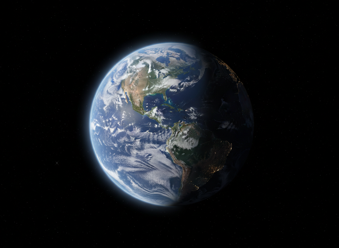 A high-resolution, photographic view of Earth floating in deep black space, the blue oceans and swirling white clouds rendered with crisp detail, continents lit by a soft crescent of sunlight. The planet is centered against a subtle star field, with a faint glow haloing its edges. Lighting mimics golden hour on the limb, casting long shadows across mountain ranges and highlighting coastlines. Shot from a slightly elevated, three-quarter angle to emphasize curvature. The mood is awe-filled yet playful, inviting curiosity. The style is clean, modern photographic realism, like a Google Earth loading screen for intrepid explorers.
