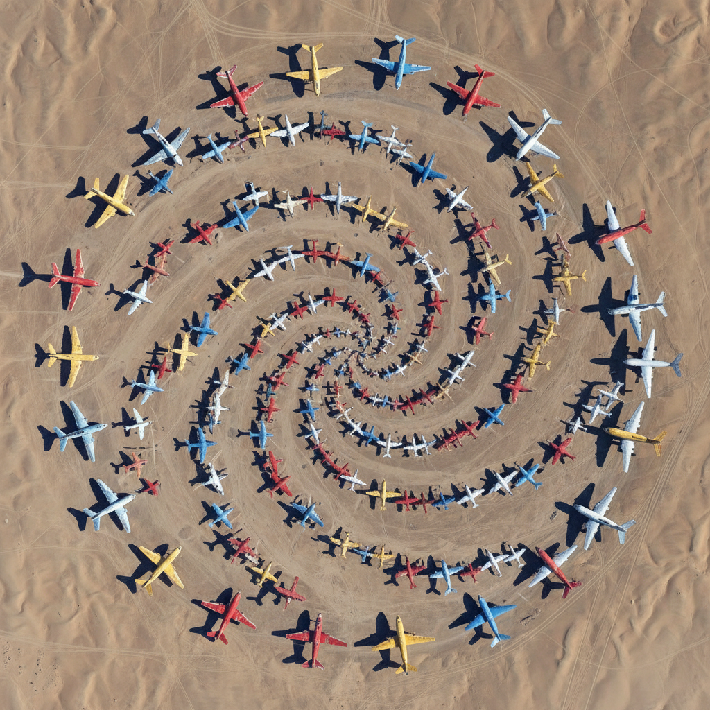 A detailed, photographic Google Earth-style view of a remote desert airfield where retired, brightly painted airplanes are parked in elaborate, intentional patterns that resemble a giant spiral when seen from above. Wings and fuselages in faded reds, blues, and yellows create a swirling mandala on the sandy terrain. The camera looks straight down with high clarity, highlighting shadows cast by each plane, stretching to the side under crisp afternoon sunlight. The background fades into featureless beige dunes, reinforcing the isolation. The mood is oddly joyful and mysterious, like stumbling onto a secret artwork only satellites can see, perfectly suiting a playful catalog of Earth’s hidden oddities.
